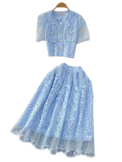 Elegante vestido longo de pérolas, conjunto feminino de 2 peças, manga curta, flor, bordado, camisa de renda, saia midi evasê