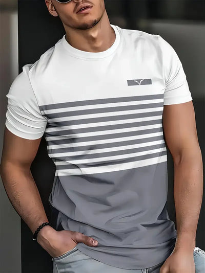 Camiseta masculina clássica de verão para atividades ao ar livre, gola redonda, manga curta, listrada, estampa de rua, camiseta solta, roupa grande masculina
