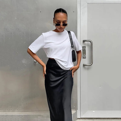 Saias elegantes de cetim preto trompete moda saias finas de cintura alta femininas sólidas escritório saia longa primavera verão