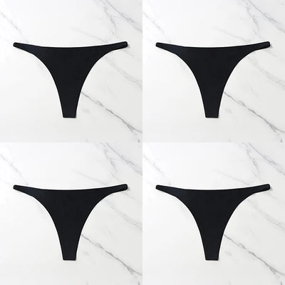 Lote com 4 peças de calcinhas sensuais sem costura, roupa íntima feminina, com cordão de seda gelo, cintura fina, tanga feminina, lisa, tanga feminina, costas nuas