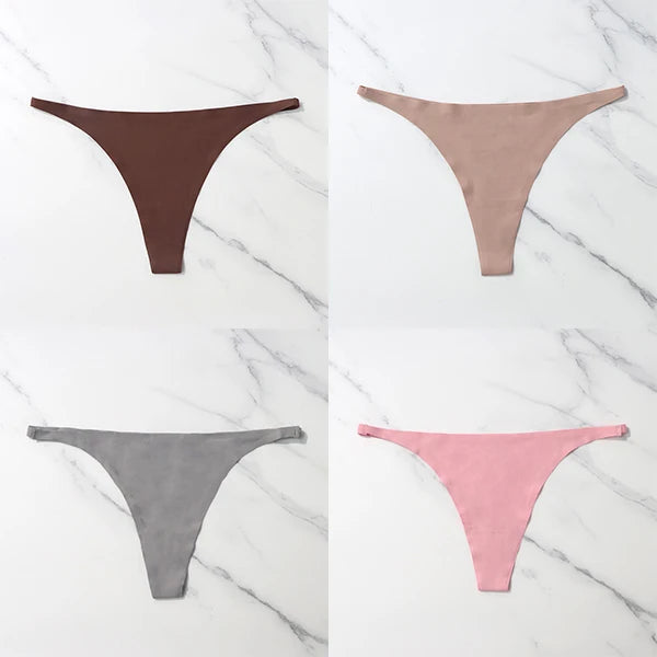 Lote com 4 peças de calcinhas sensuais sem costura, roupa íntima feminina, com cordão de seda gelo, cintura fina, tanga feminina, lisa, tanga feminina, costas nuas