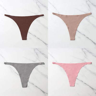 Lote com 4 peças de calcinhas sensuais sem costura, roupa íntima feminina, com cordão de seda gelo, cintura fina, tanga feminina, lisa, tanga feminina, costas nuas