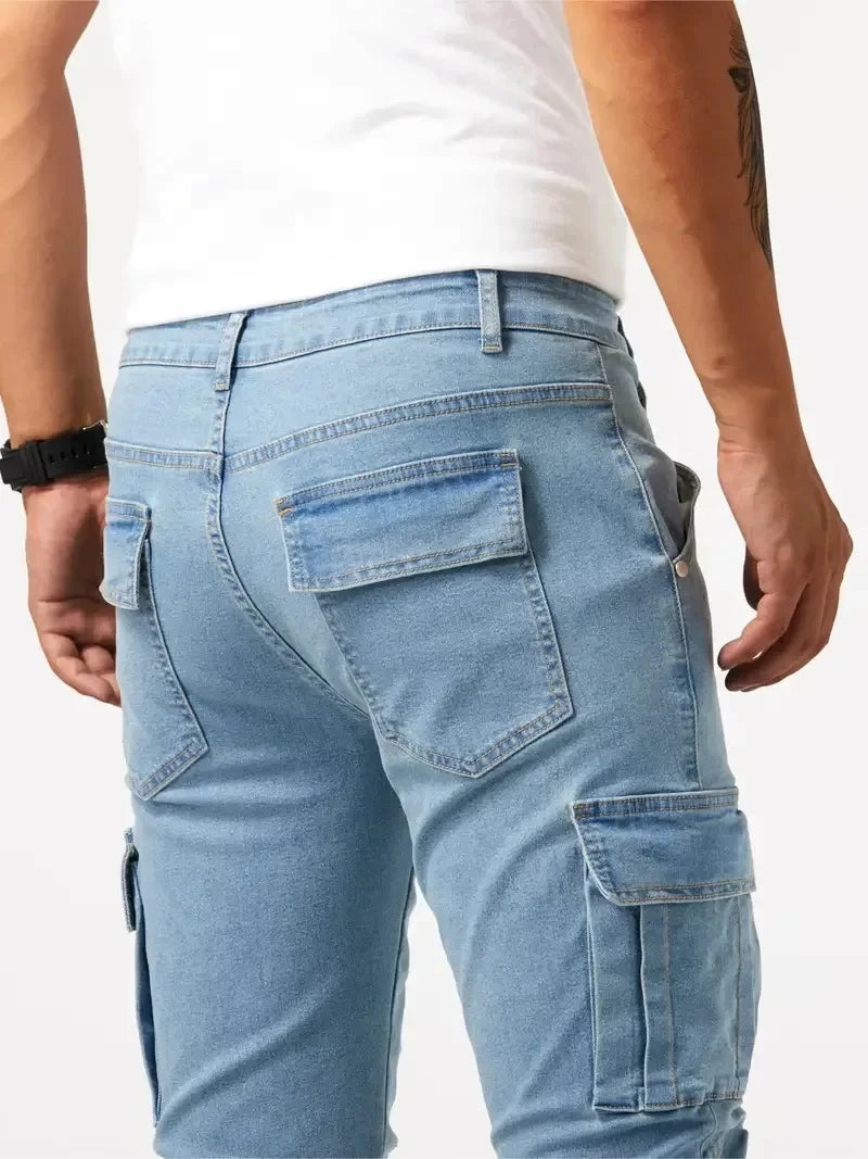 Calça jeans cargo masculina elástica de rua 2025, calça jeans lavada, cor sólida, vários bolsos, casual, cintura média, slim, uso diário, para corrida
