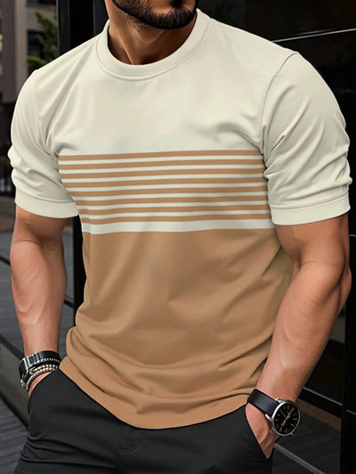 Camiseta masculina para atividades ao ar livre, moda verão, casual, gola redonda, manga curta, listrada, estilo estampado, tamanho asiático, roupa masculina, camiseta