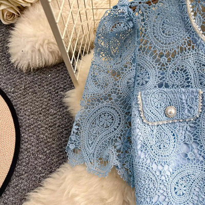 Elegante vestido longo de pérolas, conjunto feminino de 2 peças, manga curta, flor, bordado, camisa de renda, saia midi evasê