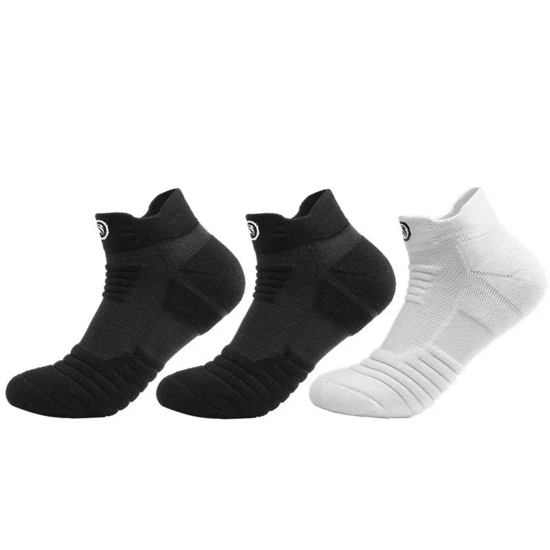 3 pares de meias masculinas de futebol, basquete, esportivas, grossas, com fundo de toalha, respiráveis, meias curtas de cano médio, meias de grife
