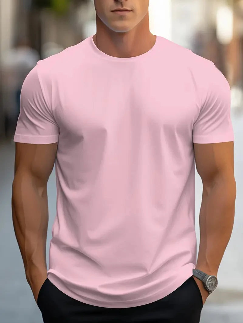 Moda masculina simples cor sólida estampada manga curta verão tops moda de rua gola redonda camiseta masculina solta