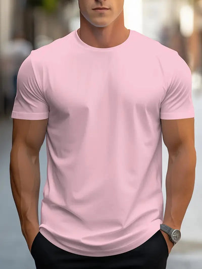 Moda masculina simples cor sólida estampada manga curta verão tops moda de rua gola redonda camiseta masculina solta