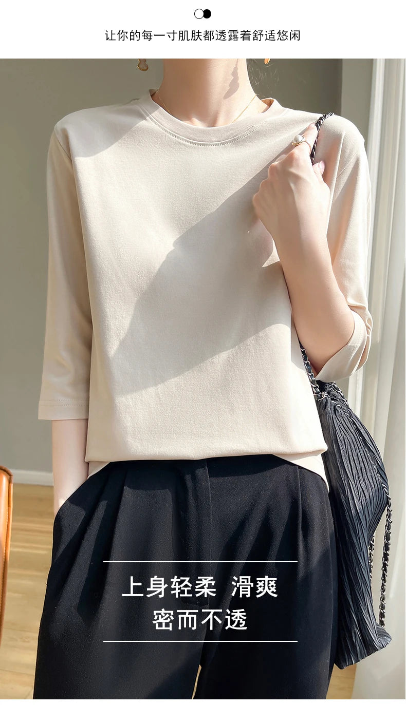 Camiseta feminina de manga curta de algodão mercerizado branco, nova primavera e verão, coringa, algodão, manga curta, camisa