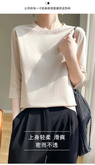 Camiseta feminina de manga curta de algodão mercerizado branco, nova primavera e verão, coringa, algodão, manga curta, camisa