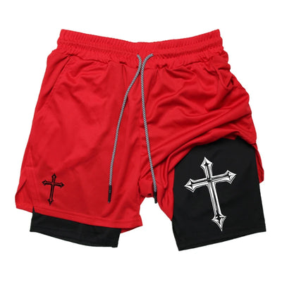 Shorts de corrida 2 em 1 com estampa cruzada para homens, shorts esportivos de academia cristã com forro de compressão, bolso para celular e toalha G