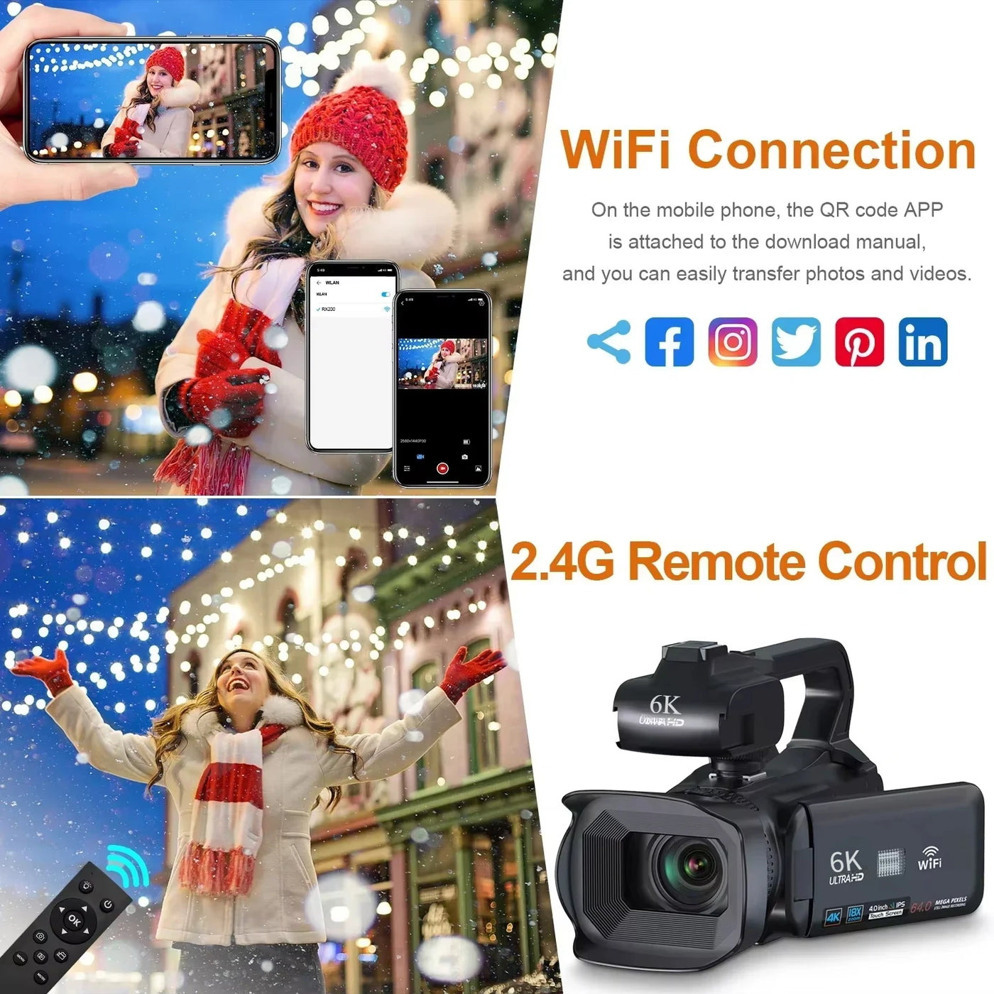 Câmera de vídeo profissional 6K para fotografia, zoom digital de 18x, visão noturna, câmera de vlog, webcam de transmissão ao vivo com WiFi de 64 MP