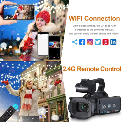 Câmera de vídeo profissional 6K para fotografia, zoom digital de 18x, visão noturna, câmera de vlog, webcam de transmissão ao vivo com WiFi de 64 MP