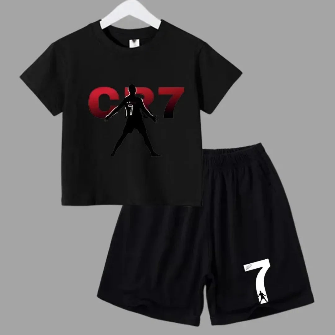 Terno esportivo infantil de verão 2025, camiseta casual de manga curta + shorts, roupa esportiva infantil CR7 Ronaldo