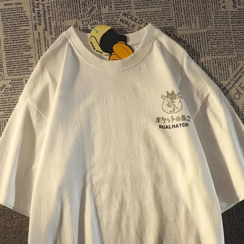 Camiseta de manga curta estampada com desenho de gato retrô japonês de verão, masculina e feminina, para casais, estilo universitário, top grande