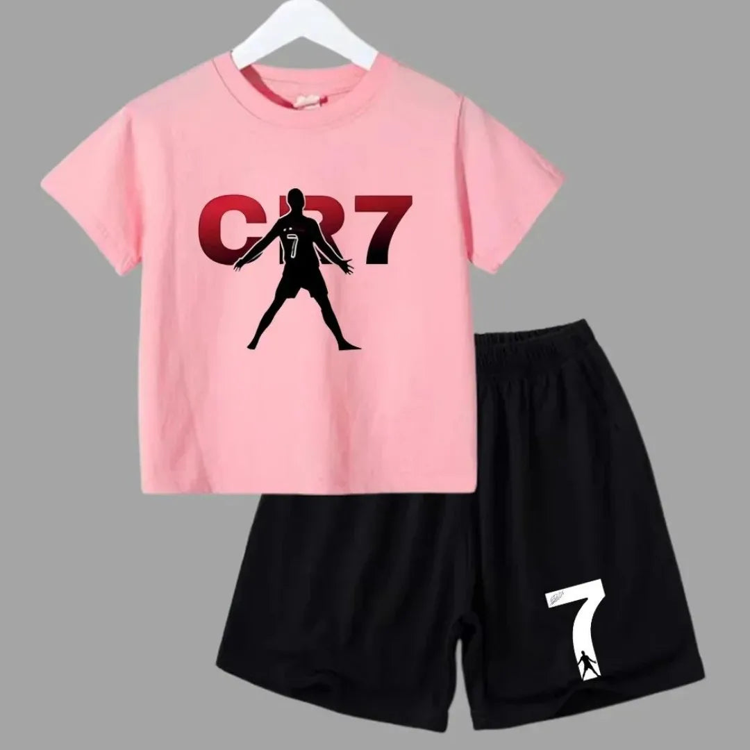 Terno esportivo infantil de verão 2025, camiseta casual de manga curta + shorts, roupa esportiva infantil CR7 Ronaldo