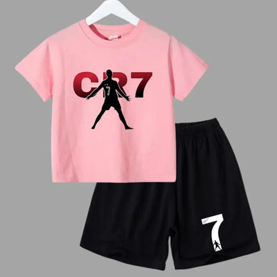 Terno esportivo infantil de verão 2025, camiseta casual de manga curta + shorts, roupa esportiva infantil CR7 Ronaldo