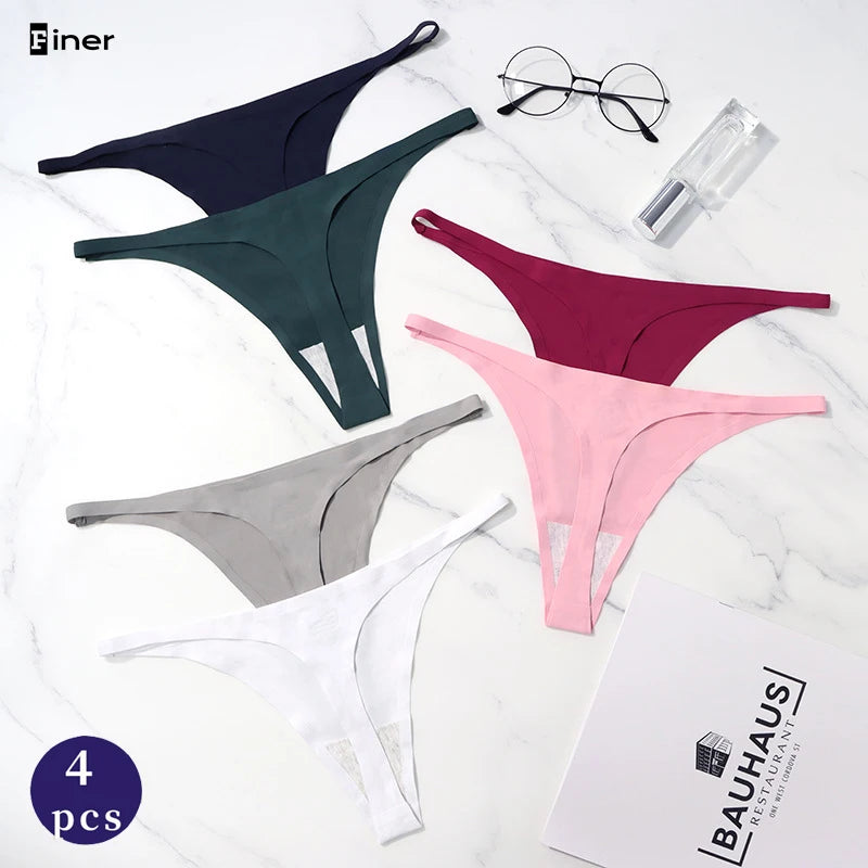 Lote com 4 peças de calcinhas sensuais sem costura, roupa íntima feminina, com cordão de seda gelo, cintura fina, tanga feminina, lisa, tanga feminina, costas nuas