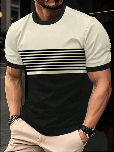 Camiseta masculina para atividades ao ar livre, moda verão, casual, gola redonda, manga curta, listrada, estilo estampado, tamanho asiático, roupa masculina, camiseta