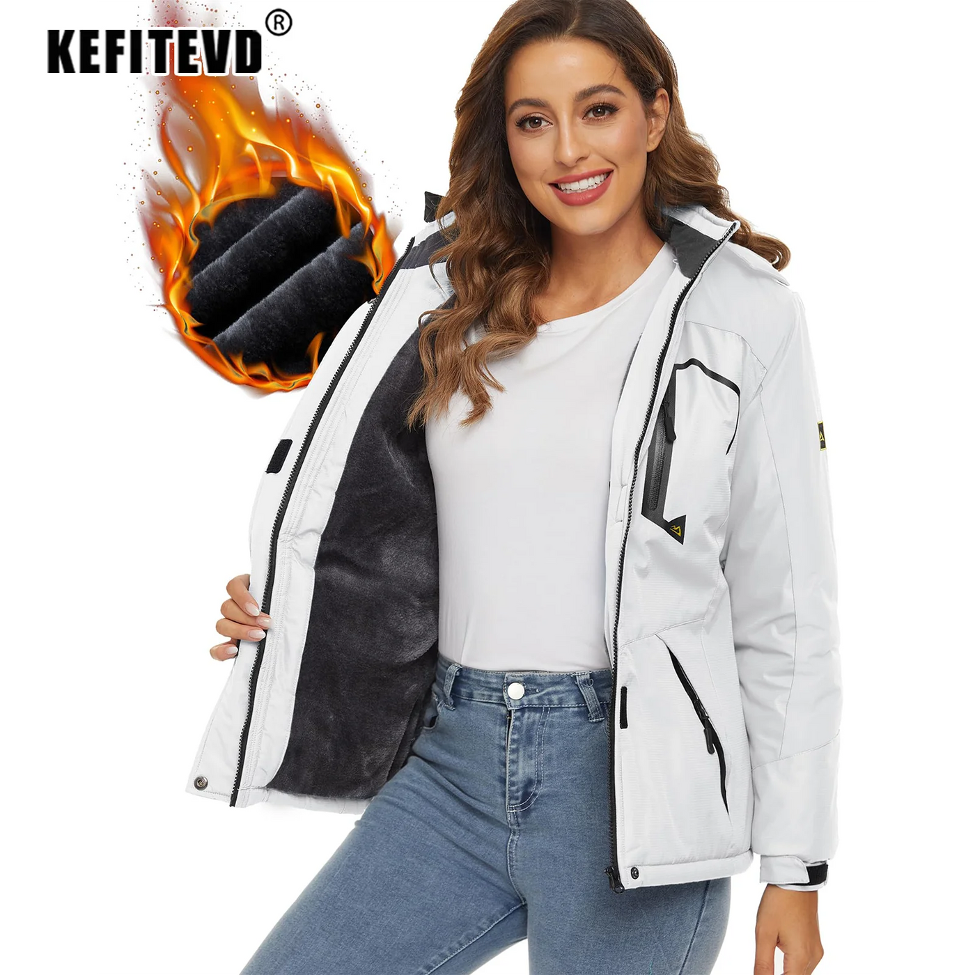 Jaqueta feminina de inverno pesada para snowboard e esqui KEFITEVD, térmica, quente, para caminhadas, corta-vento, casual