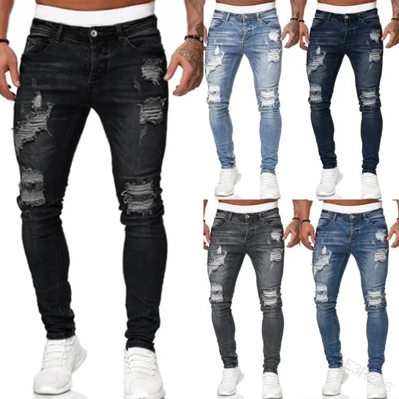 Calça jeans skinny rasgada estilo streetwear masculina, calça jeans vintage lisa com lavagem, calça jeans slim fit casual masculina, calça jeans lápis, promoção imperdível