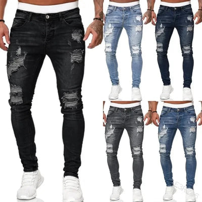 Calça jeans skinny rasgada estilo streetwear masculina, calça jeans vintage lisa com lavagem, calça jeans slim fit casual masculina, calça jeans lápis, promoção imperdível