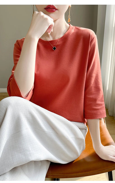 Camiseta feminina de manga curta de algodão mercerizado branco, nova primavera e verão, coringa, algodão, manga curta, camisa