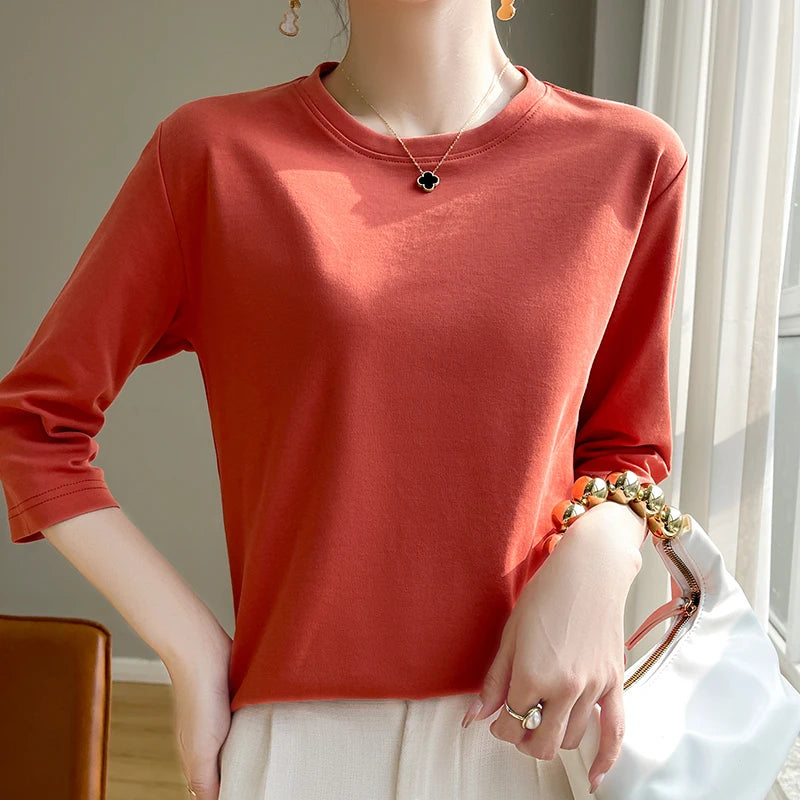 Camiseta feminina de manga curta de algodão mercerizado branco, nova primavera e verão, coringa, algodão, manga curta, camisa