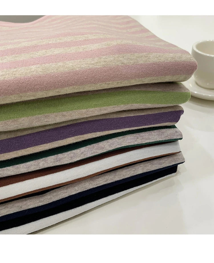 Camisetas listradas de manga curta de verão, versáteis, femininas, de malha, básicas, casuais, camisetas femininas, confortáveis, soltas, de algodão, 2023, camisa Harajuku