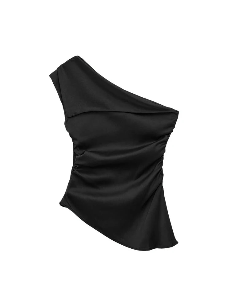 Blusa feminina assimétrica drapeada TRZA, um ombro, zíper lateral, moda chique, camisa feminina