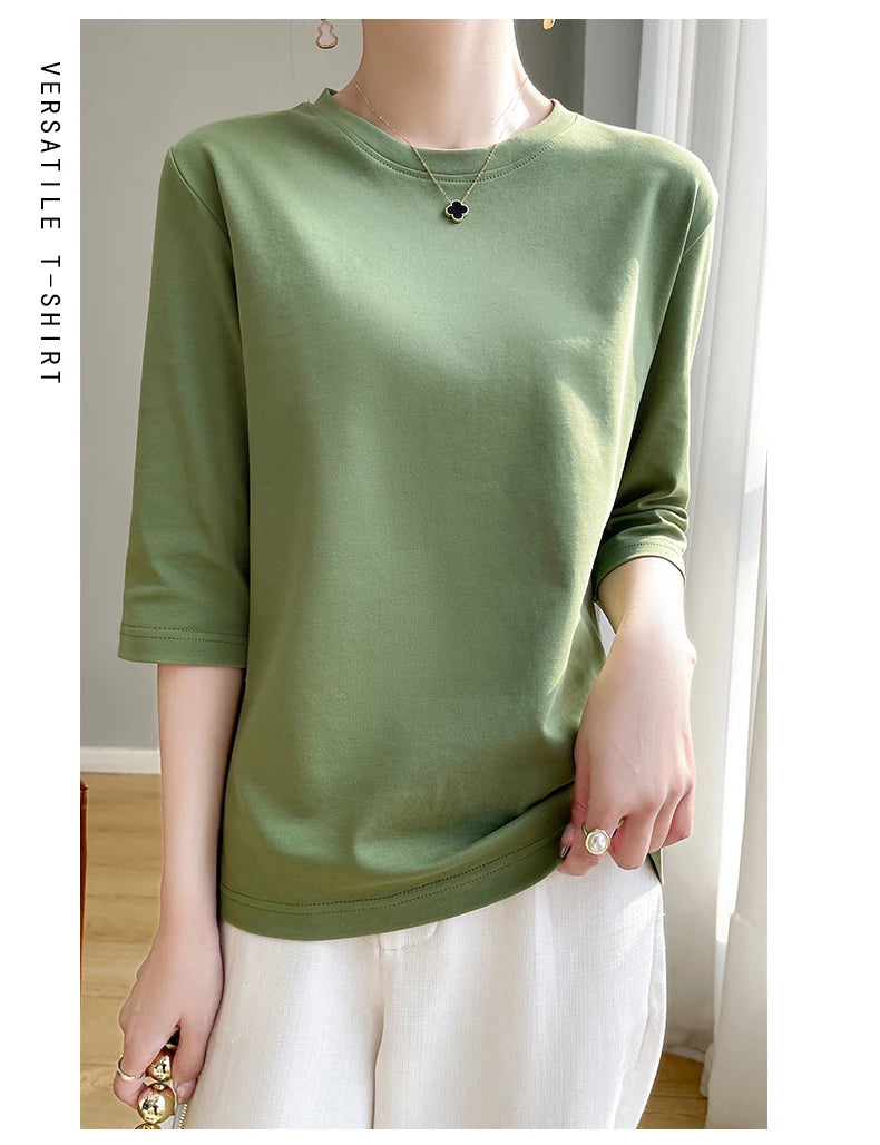 Camiseta feminina de manga curta de algodão mercerizado branco, nova primavera e verão, coringa, algodão, manga curta, camisa