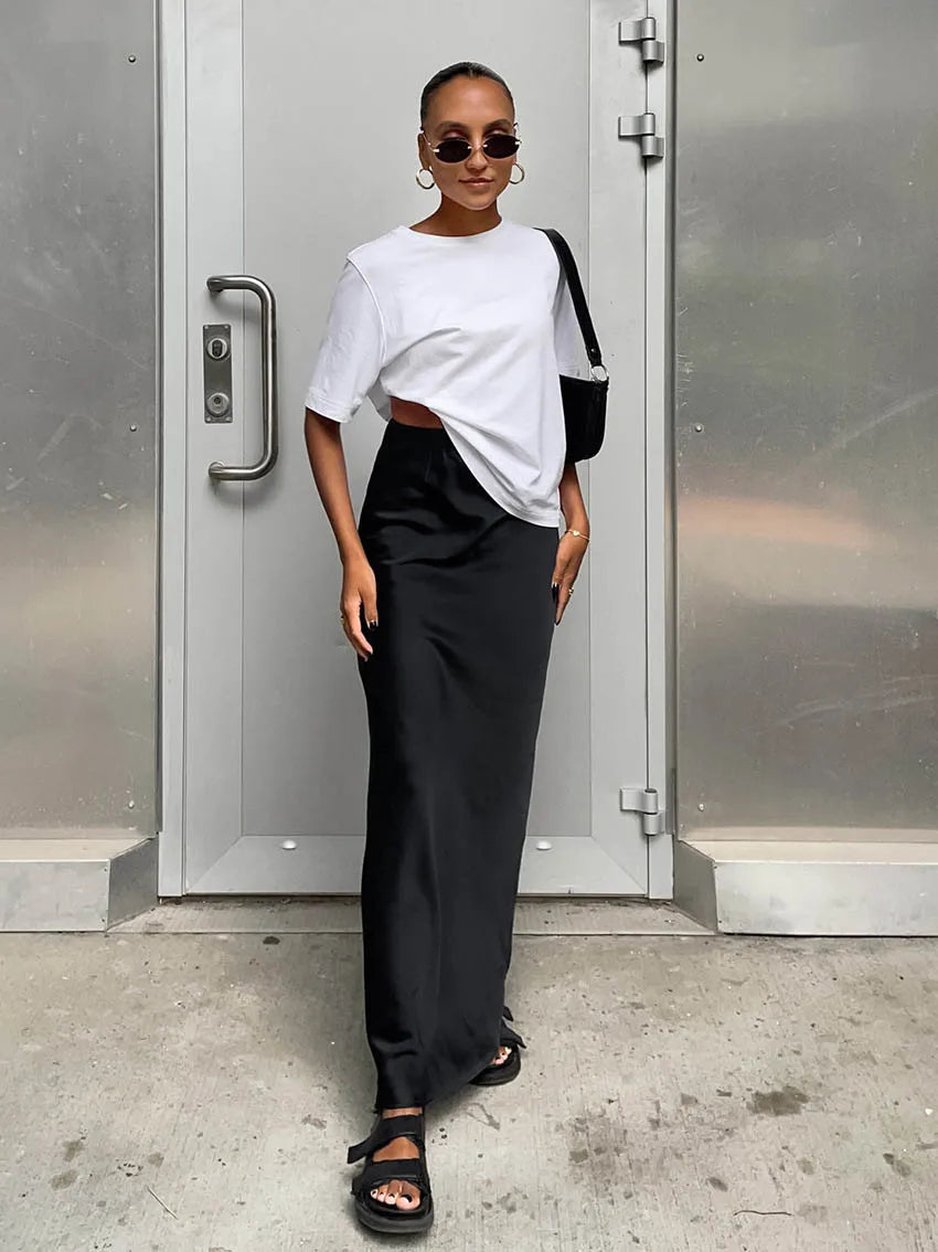 Saias elegantes de cetim preto trompete moda saias finas de cintura alta femininas sólidas escritório saia longa primavera verão