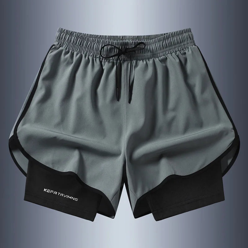 Shorts esportivos casuais anti-exposição de camada dupla masculinos, mais vendidos no verão, para corrida, fitness, calças três quartos