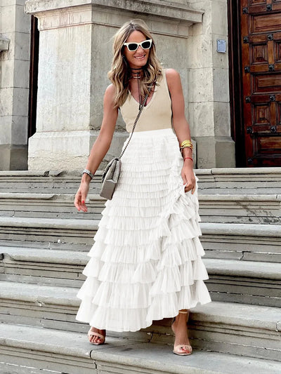 Saias casuais sólidas femininas em camadas, saia de tule com cintura alta, plissada, longa, tutu, elegantes, para mulheres, malha selvagem, saias longas para encontros