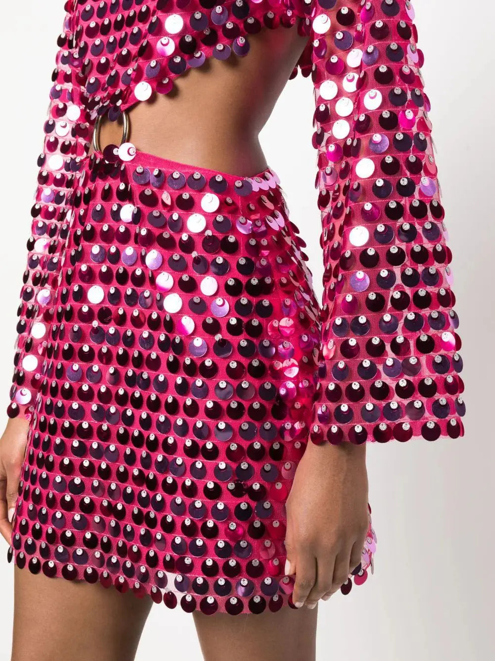 Vestido novo primavera/verão 2024, moda feminina, cor sólida, lantejoulas, manga flare, vestido feminino sexy, gola redonda, irregularular Mini Dress