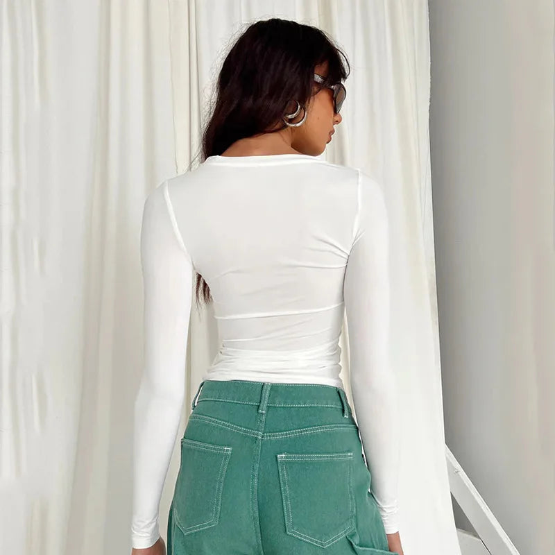 Camisetas femininas casuais de manga comprida, primavera outono, lisas, slim fit, pulôveres, camisetas, streetwear feminino, camisetas básicas, tops casuais