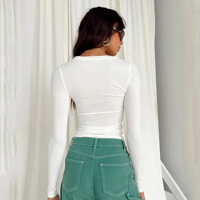 Camisetas femininas casuais de manga comprida, primavera outono, lisas, slim fit, pulôveres, camisetas, streetwear feminino, camisetas básicas, tops casuais