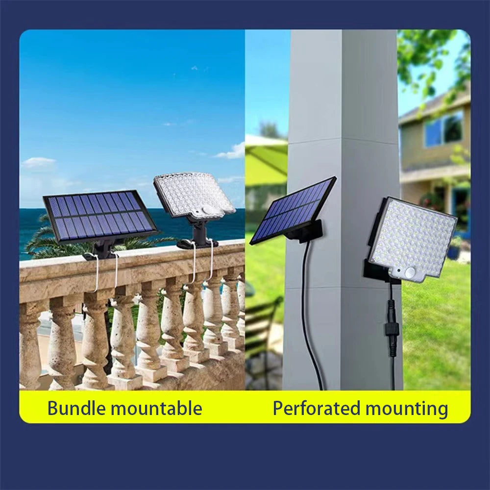 Luz solar dividida 106LED para áreas externas, à prova d'água, com sensor de movimento, holofote com controle remoto, 3 modos para pátio, garagem e quintal