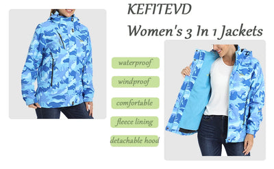 KEFITEVD 3 em 1 Jaquetas de esqui de inverno femininas, lã quente, térmica, neve, jaqueta impermeável, roupas de caminhada, casacos corta-vento para áreas externas