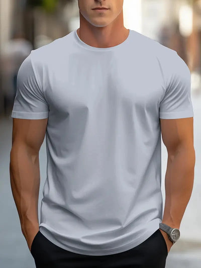 Moda masculina simples cor sólida estampada manga curta verão tops moda de rua gola redonda camiseta masculina solta