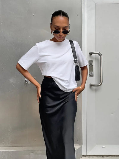 Saias elegantes de cetim preto trompete moda saias finas de cintura alta femininas sólidas escritório saia longa primavera verão