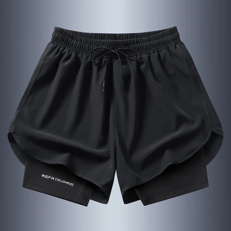 Shorts esportivos casuais anti-exposição de camada dupla masculinos, mais vendidos no verão, para corrida, fitness, calças três quartos