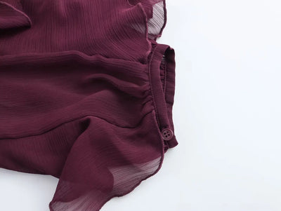 Camisas femininas elegantes, soltas, de manga comprida, em camadas, para escritório, vintage, com decote em V, translúcidas, com babados em camadas, verão 2025