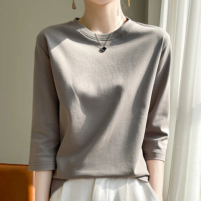 Camiseta feminina de manga curta de algodão mercerizado branco, nova primavera e verão, coringa, algodão, manga curta, camisa