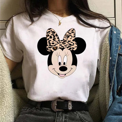 Camisetas fofas de desenho animado da Disney, Mickey Mouse, estampa de leopardo, Minnie, camiseta feminina, verão, branca, manga curta, gola redonda, tops masculinos