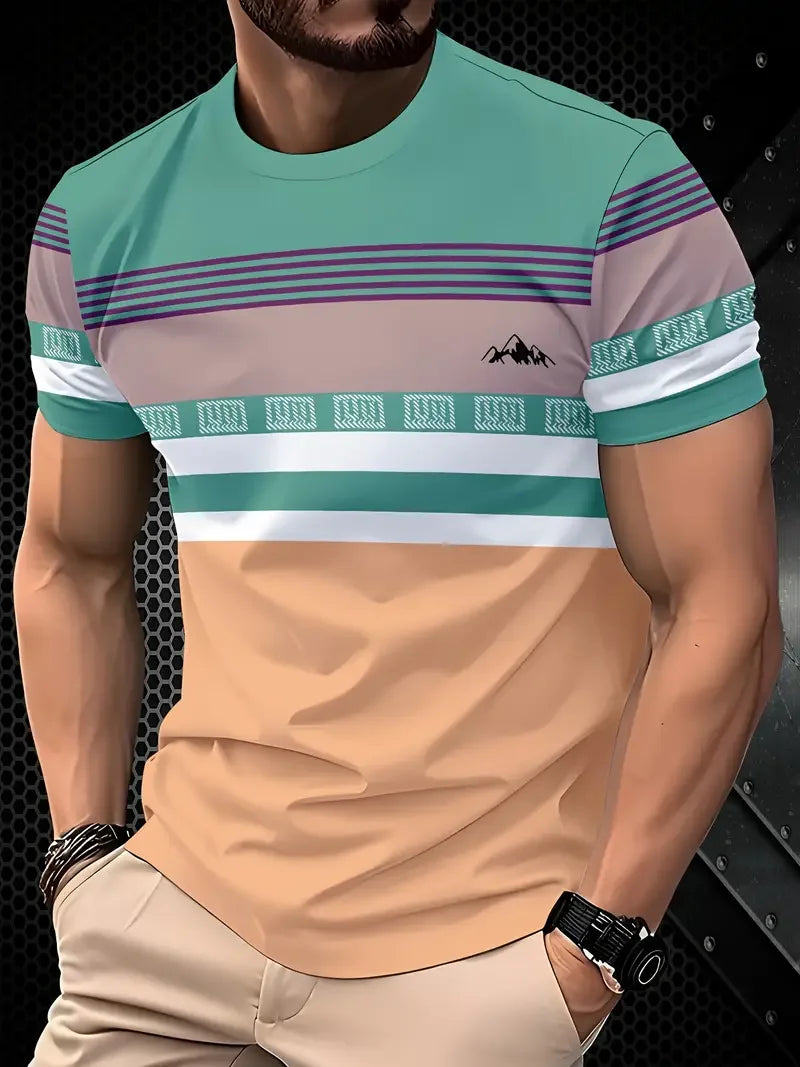 Camiseta masculina clássica de verão para atividades ao ar livre, gola redonda, manga curta, listrada, estampa de rua, camiseta solta, roupa grande masculina