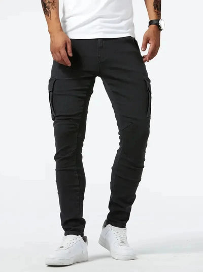 Calça jeans cargo masculina elástica de rua 2025, calça jeans lavada, cor sólida, vários bolsos, casual, cintura média, slim, uso diário, para corrida