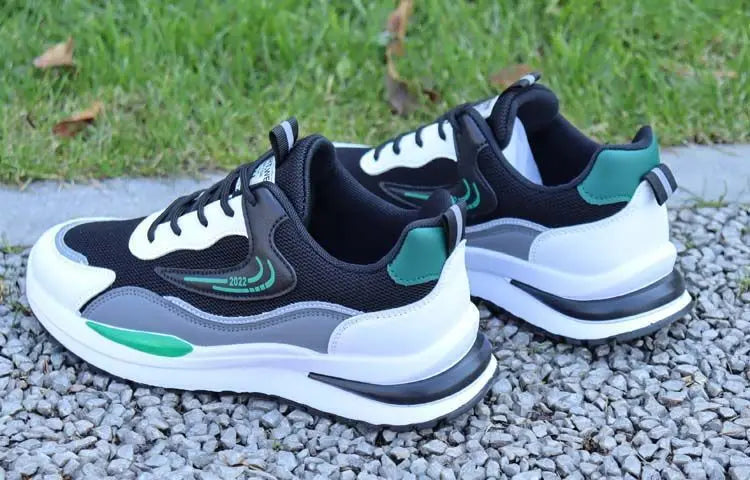 Tênis casuais masculinos patchwork, de malha respirável, para corrida ao ar livre, quentes, com cadarço e antiderrapantes