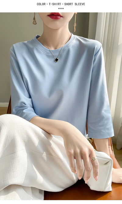 Camiseta feminina de manga curta de algodão mercerizado branco, nova primavera e verão, coringa, algodão, manga curta, camisa