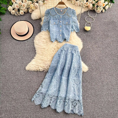 Elegante vestido longo de pérolas, conjunto feminino de 2 peças, manga curta, flor, bordado, camisa de renda, saia midi evasê